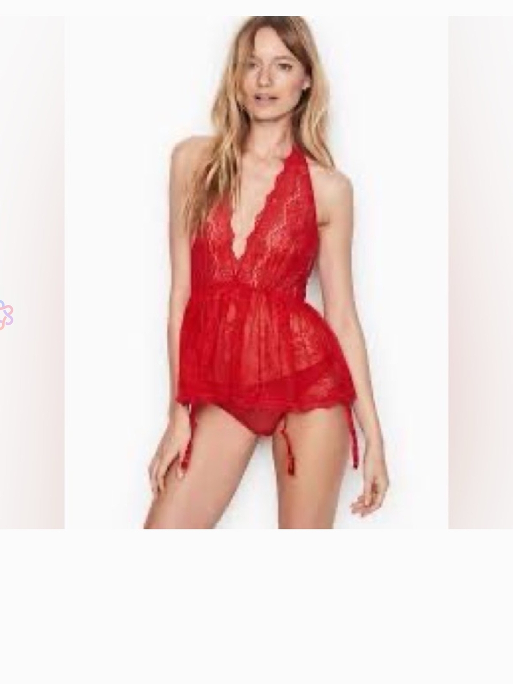 Victoria's Secret Red Lace Halter Chemise with Garter Details